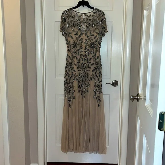 Formal Adrianna Papell, sequined taupe and silver floral, full length dress - Picture 3 of 7